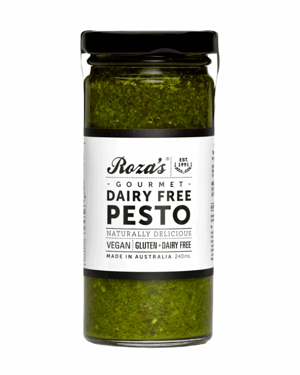 Jar of dairy-free pesto, Roza's Gourmet, vegan, gluten-free, 240ml, made in Australia.