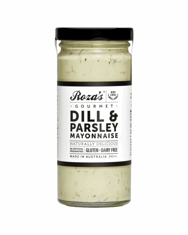 ROZAS DILL AND PARSLEY MAYONNAISE Jar of Australian-made dill and parsley mayonnaise, 240ml, gluten and dairy free.
