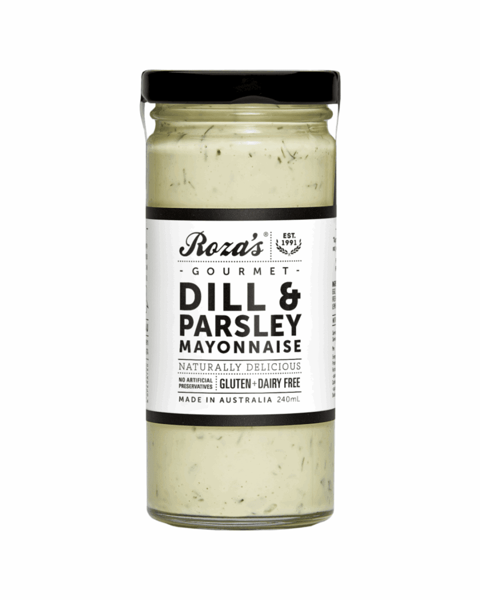 Jar of Australian-made dill and parsley mayonnaise, 240ml, gluten and dairy free.