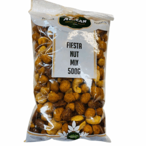 Aegean Fiesta Nut Mix package, 500g, red label, Australian-owned, assorted nuts and fruits.