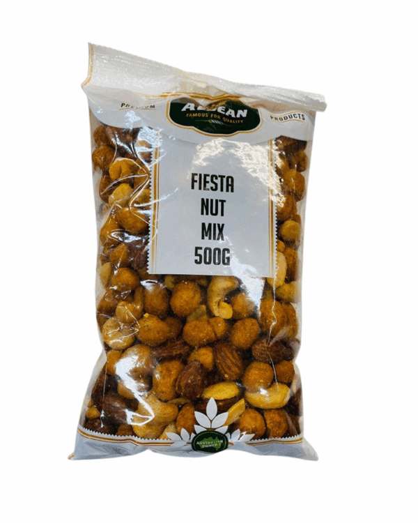 AEGEAN FIESTA NUTS MIX Aegean Fiesta Nut Mix package, 500g, red label, Australian-owned, assorted nuts and fruits.