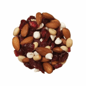 Mix of almonds, dried cranberries, white chocolate chips, and peanuts in circular arrangement.