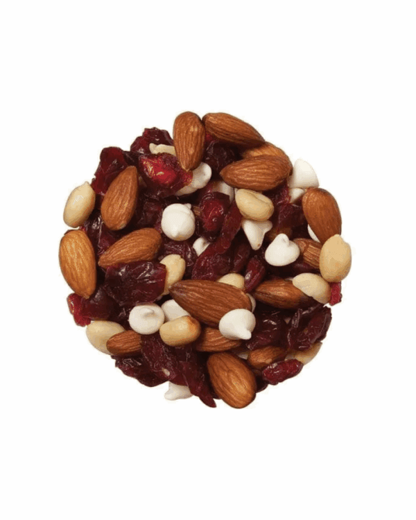 AEGEAN CRANBERRY CRUNCH MIX Mix of almonds, dried cranberries, white chocolate chips, and peanuts in circular arrangement.