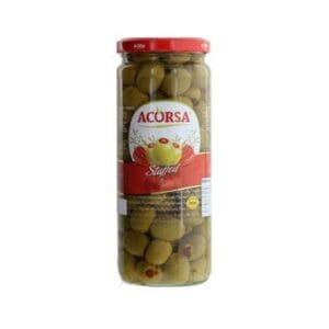 Tall jar of ACORSA green stuffed olives with red lid and illustrated label.