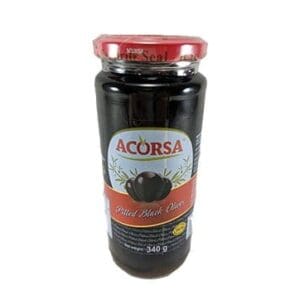 Jar of 340g Acorsa pitted black olives with red and white label and metal lid.