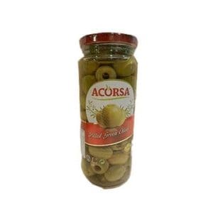 Jar of Acorsa pitted green olives with red and white label and sealed lid.