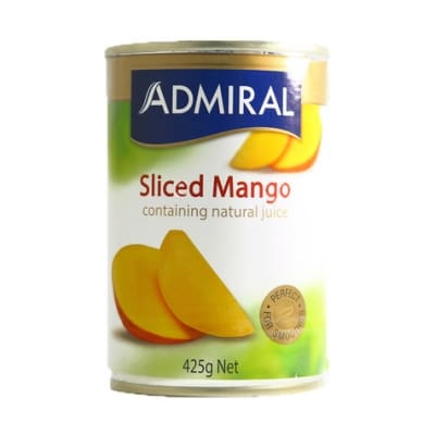 Admiral sliced mango can, 425g, in natural juice, with green-toned label and mango image.