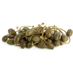 Green caper berries with stems arranged in a pile on a white background.