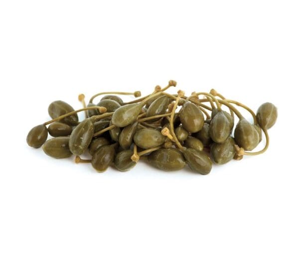 Green caper berries with stems arranged in a pile on a white background.