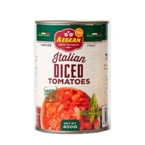 Can of 400g Aegean Italian diced tomatoes with basil, red and green label.