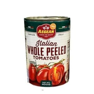 A 400g can of Aegean Italian whole peeled tomatoes, from Naples, Italy.