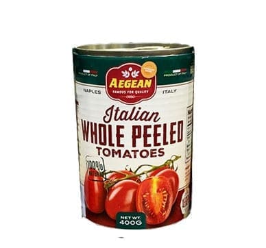 A 400g can of Aegean Italian whole peeled tomatoes, from Naples, Italy.