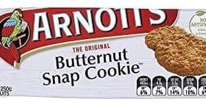 Arnott's Butternut Snap Cookies packet; no artificial flavors/colors; 250g; nutritional info.
