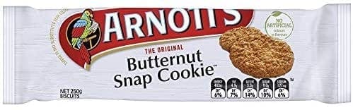 Arnott's Butternut Snap Cookies packet; no artificial flavors/colors; 250g; nutritional info.