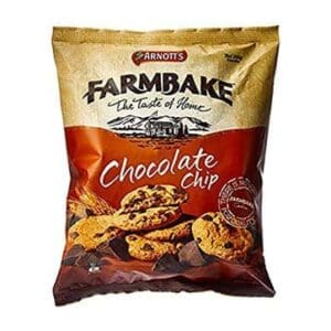 Arnott's Farmbake Chocolate Chip Cookies package with cookies illustration and company logo.