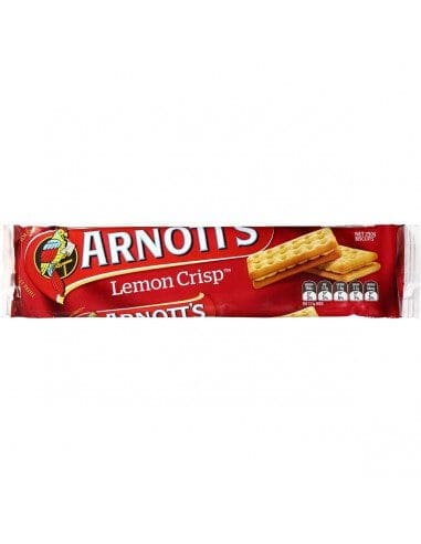 Arnott's Lemon Crisp biscuits package, red with brand and biscuit images.