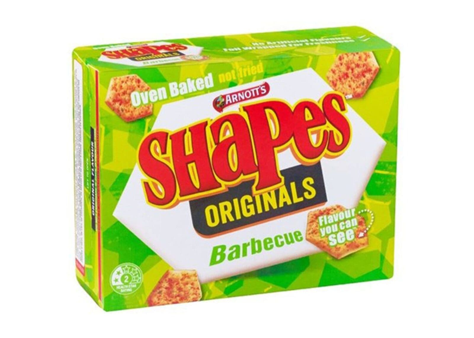 Arnott's Shapes Originals BBQ flavor, oven baked, green and white packaging.
