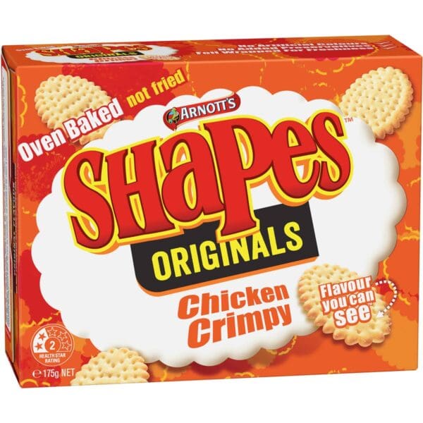 Arnott's Shapes Chicken Crimpy, orange box, 175g, oven-baked, health rating 2 stars.