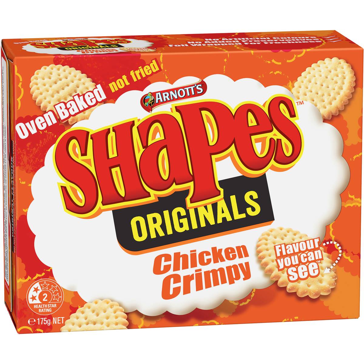 Arnott's Shapes Chicken Crimpy, orange box, 175g, oven-baked, health rating 2 stars.