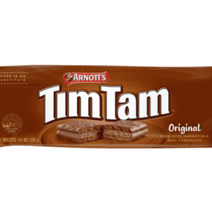 Arnott's Tim Tam Original chocolate biscuits package, brown with biscuit image, 200g.