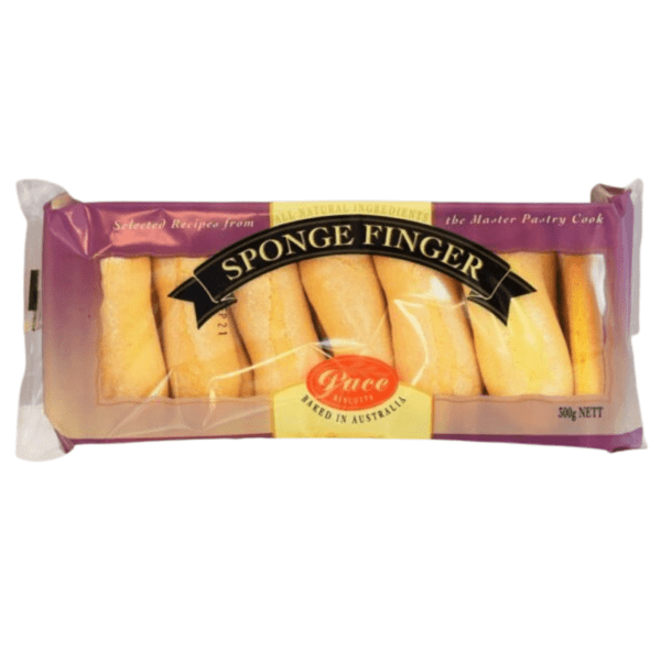 Australian Baked Sponge Fingers Packaged 500g sponge fingers, visible through wrapper, labeled "Baked in Australia".