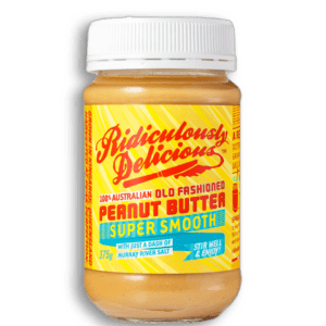 Jar of Ridiculously Delicious 100% Australian peanut butter, super smooth, 375g, Murray River salt.