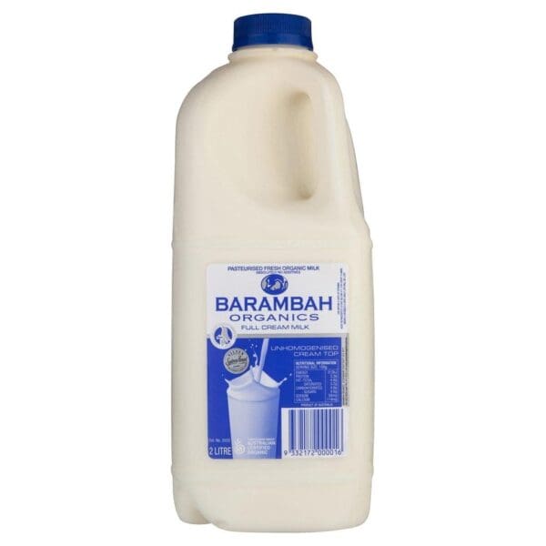 Barambah Organics Full Cream Milk Bottle Barambah Organics 2L full cream milk bottle with blue and white label, unhomogenised cream top.