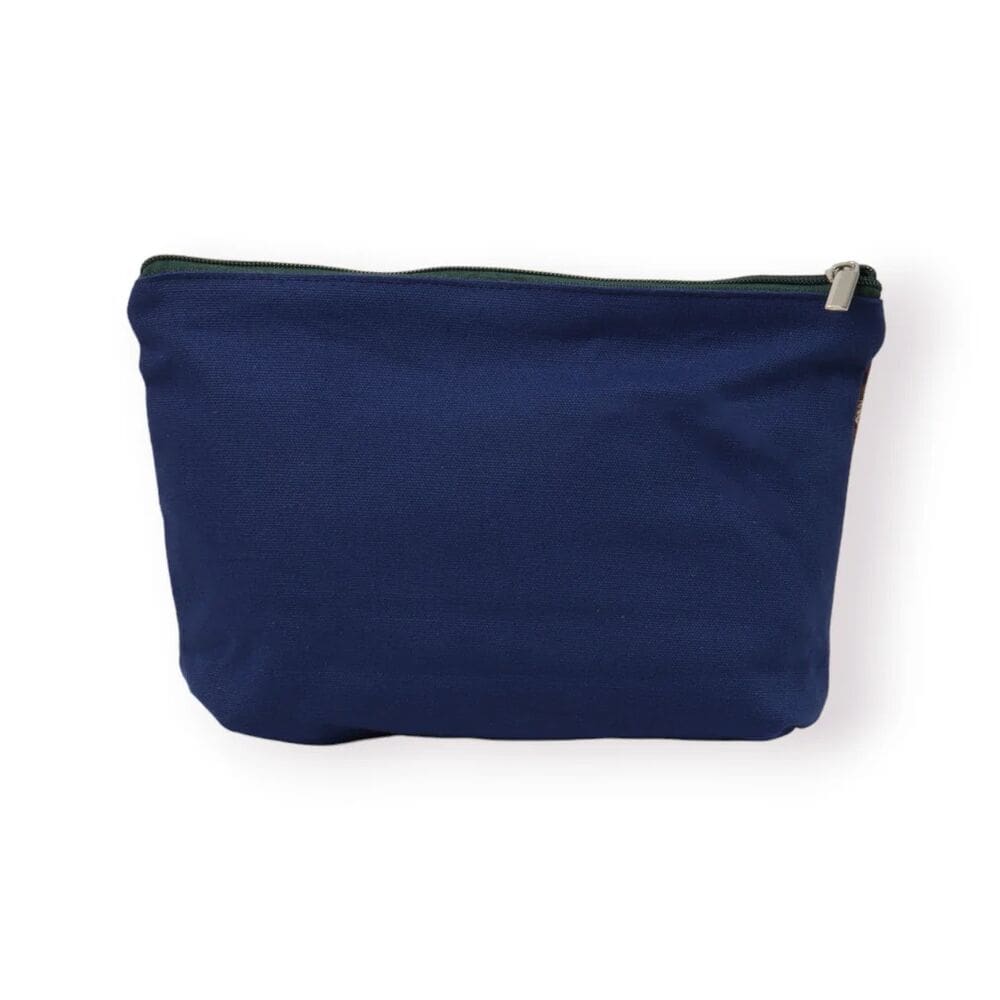 Blue fabric pouch with top zipper closure.