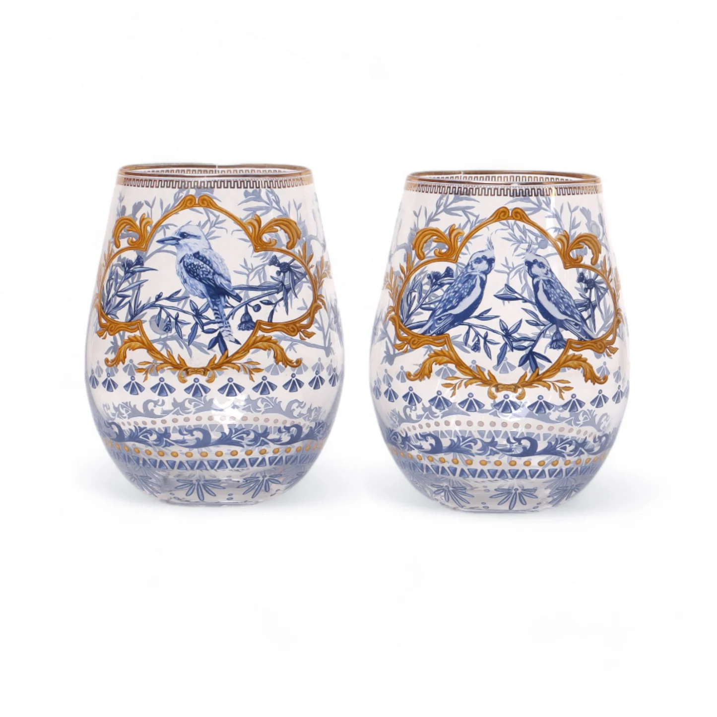 Two glass tumblers with intricate blue and gold bird and floral designs on a white background.
