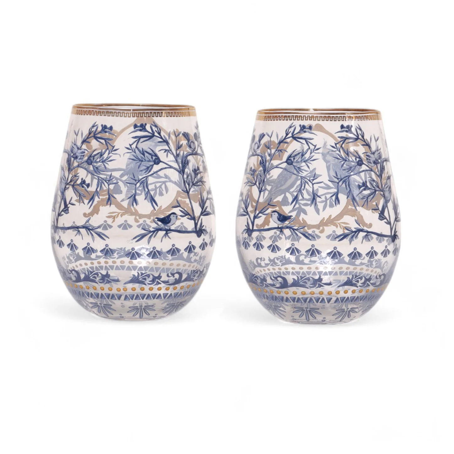 Two glass tumblers with intricate blue and gold floral and bird designs.