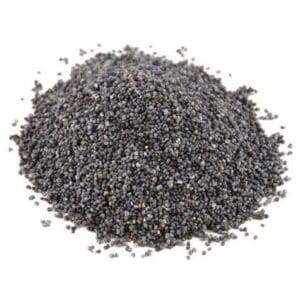 A mound of small, round, blue-grey poppy seeds on a flat surface with a smooth texture.