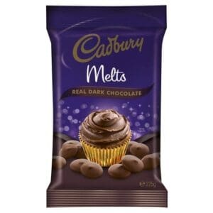 Cadbury Melts 225g package, purple, showing real dark chocolate cupcake and pieces.