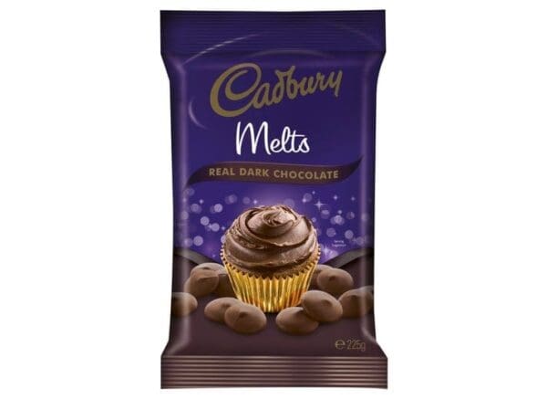 Cadbury Melts 225g package, purple, showing real dark chocolate cupcake and pieces.