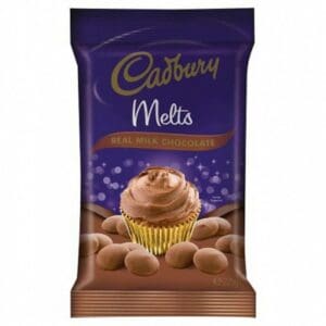 Cadbury Melts package with chocolate cupcake and chocolates, 225g, purple design.
