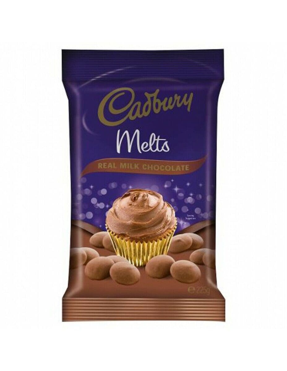 Cadbury Melts package with chocolate cupcake and chocolates, 225g, purple design.