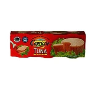 Pack of canned tuna with a red label, showing tuna slices on lettuce, brand details visible.