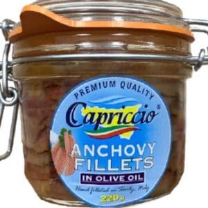 Glass jar with Capriccio anchovy fillets in olive oil, 220g, hand-filleted in Sicily, Italy.