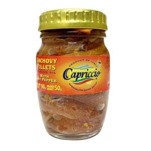 Jar of Capriccio anchovy fillets in olive oil with hot pepper, 90g, from Sicily, Italy.