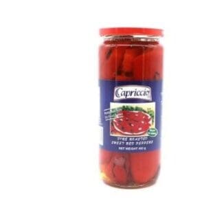 Jar of Capriccio fire roasted sweet red peppers, net weight 450g, with blue label.
