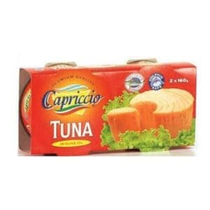 Capriccio tuna in olive oil packaging, red box, sliced tuna, lettuce, quality seals, two 160g cans.
