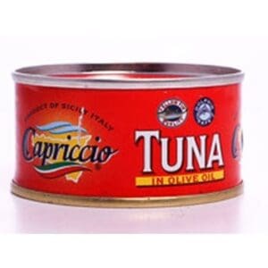 Red can of Capriccio tuna in olive oil, product of Sicily, Italy, with seal-like logos.