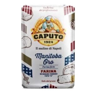 Caputo Manitoba Oro flour bag with wheat, bread images, and "Il mulino di Napoli" text.