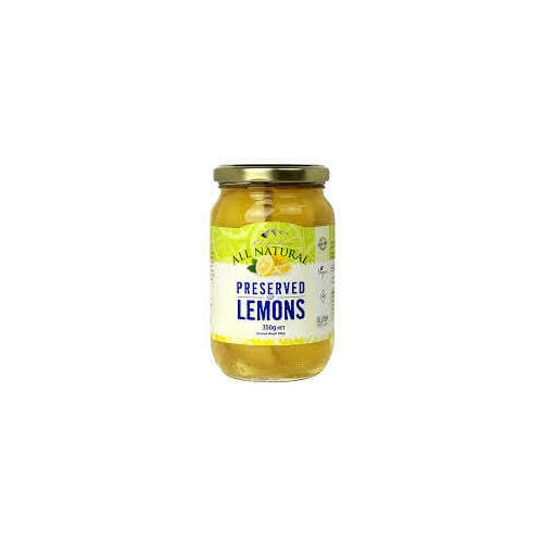 Glass jar of all-natural preserved lemons, 350g, with metal lid.