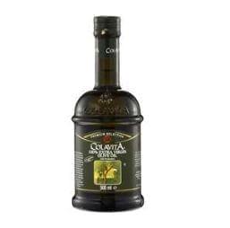 Dark glass bottle of Colavita Extra Virgin Olive Oil with green and yellow label.