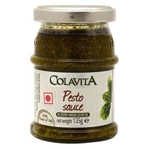 Jar of Colavita pesto sauce, 135g, made with extra virgin olive oil, labeled with basil image.