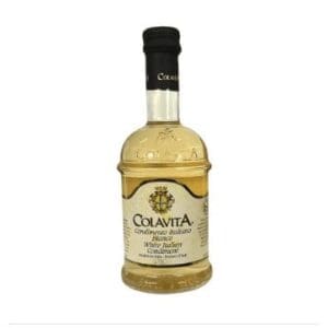 Colavita White Italian Condiment bottle with clear glass, golden liquid, black cap, ornate design.