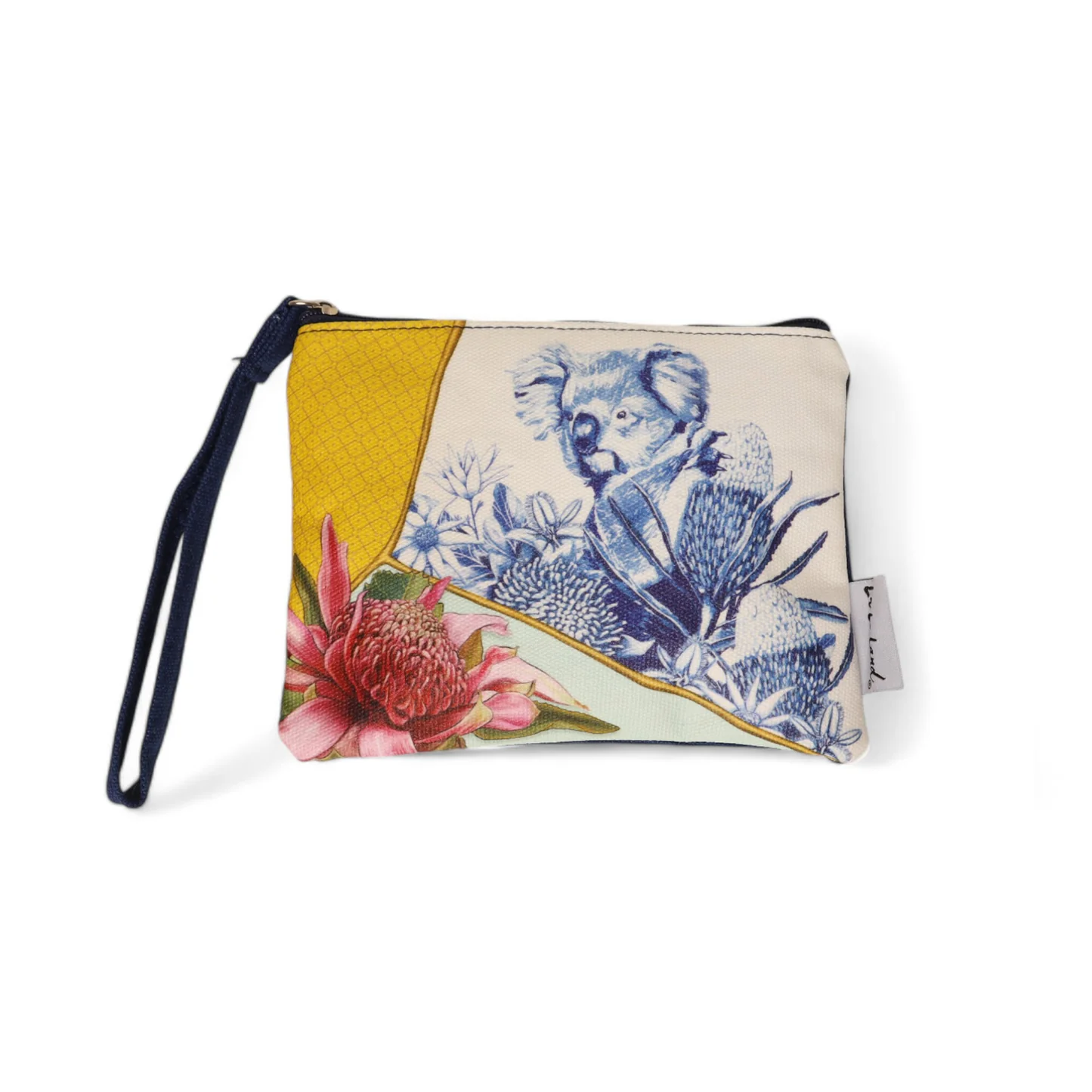 Small pouch with wrist strap, featuring a colorful koala and plant design with a right-side tag.