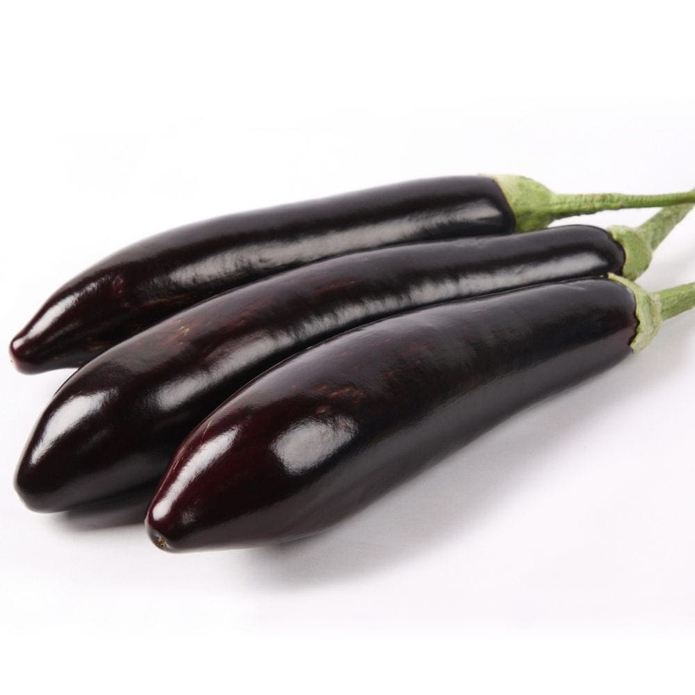 Three dark purple eggplants with green tops arranged on a white background.