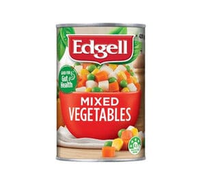 Edgell Mixed Vegetables can, featuring peas, carrots, corn, 420g, emphasizes gut health benefits.