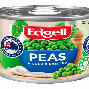 Edgell peas can, 220g, Australian origin, blue bowl, Health Star Rating 5.